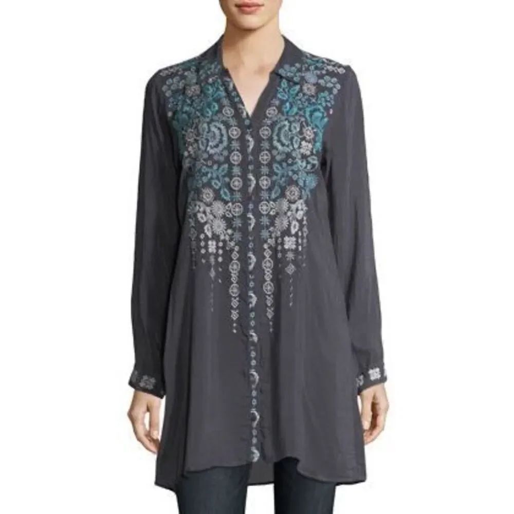 Johnny Was Skye Long-Sleeve Embroidered Georgette Tunic Size S